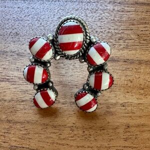 Red and White Striped Sterling Silver Naja Ring